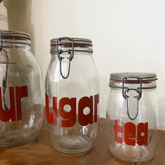 VINTAGE 60’s 70’s RARE mcm canister set block letter cookie sugar tea flour - Picture 6 of 11